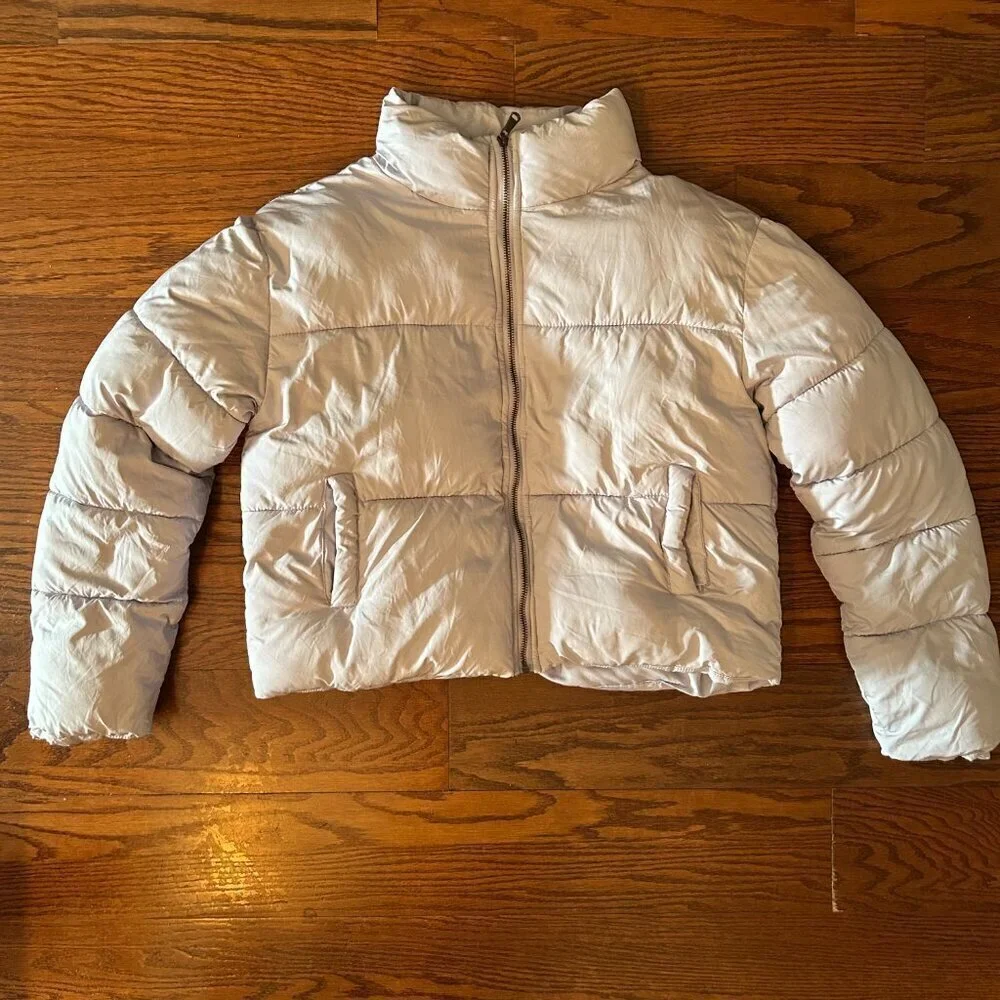 Double Zero Lilac Quilted Puffer Jacket Coat Women Size Medium Cropped High Neck